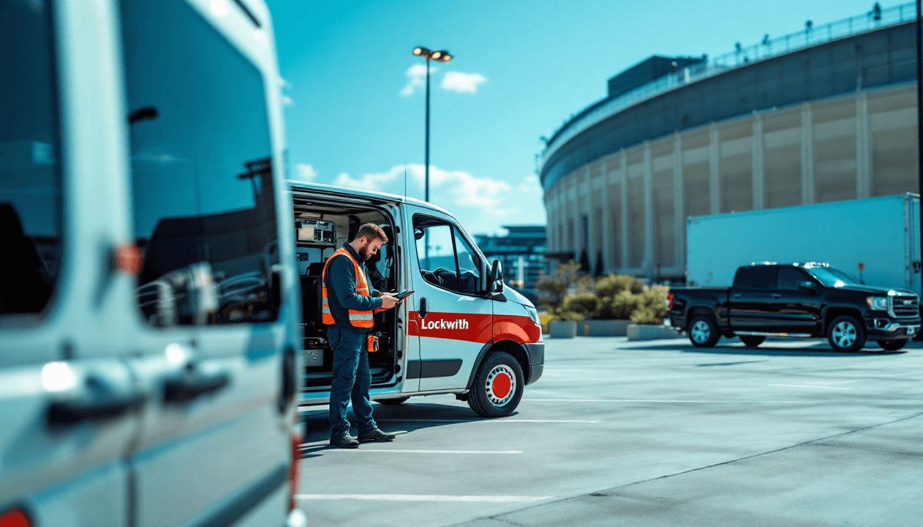 Cerrajero móvil profesional atendiendo vehículo en Arlington TX cerca de AT&T Stadium