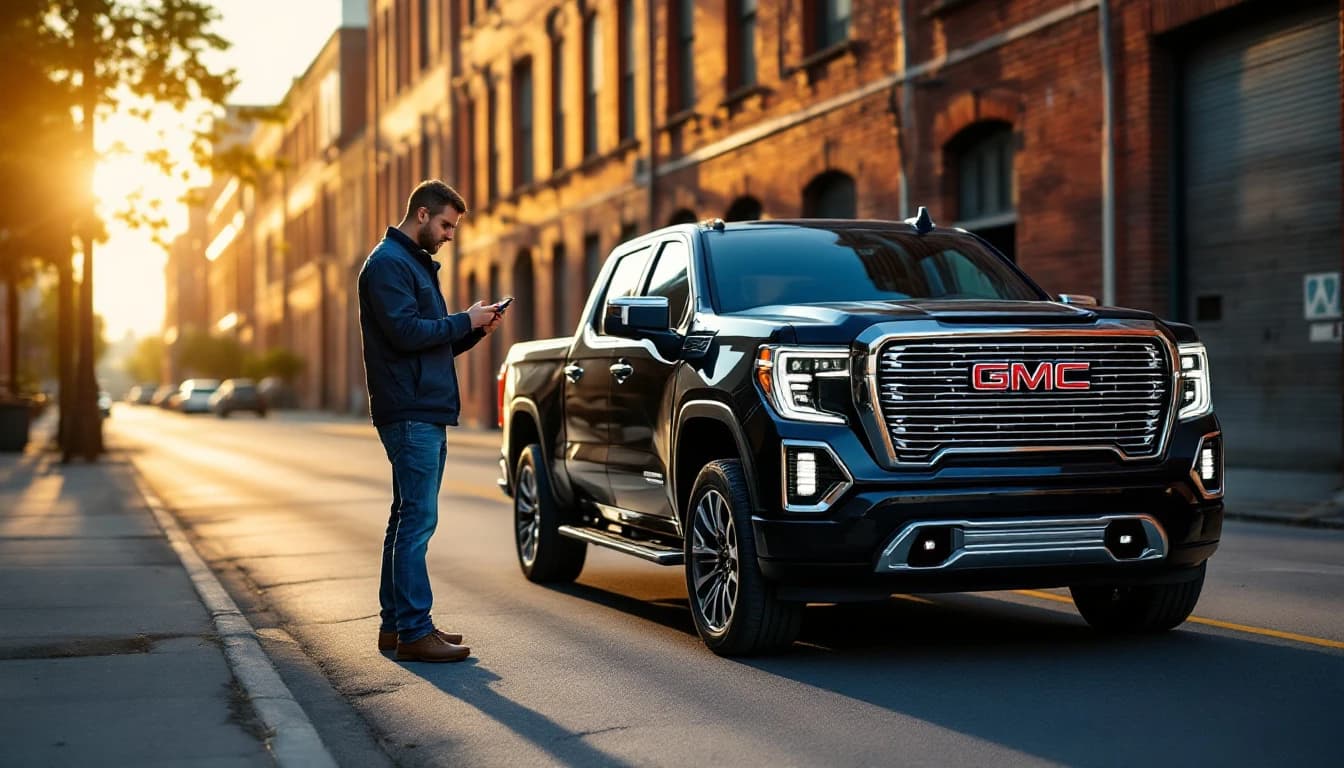 Cerrajero automotriz programando la llave inteligente de una GMC Sierra Denali en Fort Worth, Texas