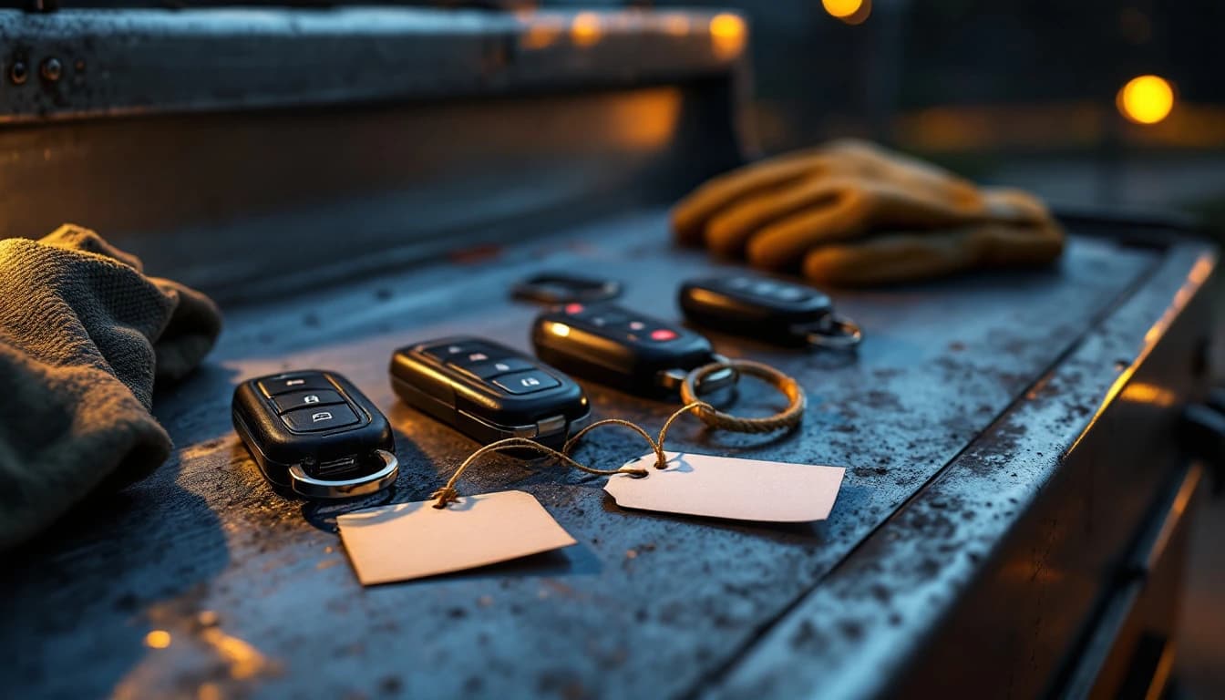 Juegos de llaves y controles de camionetas de trabajo sobre la tapa metálica de una caja de herramientas en una yarda de Fort Worth al anochecer