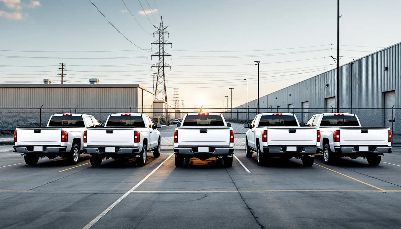 Fila de camionetas de trabajo estacionadas en el patio de una empresa en el norte de Fort Worth al amanecer