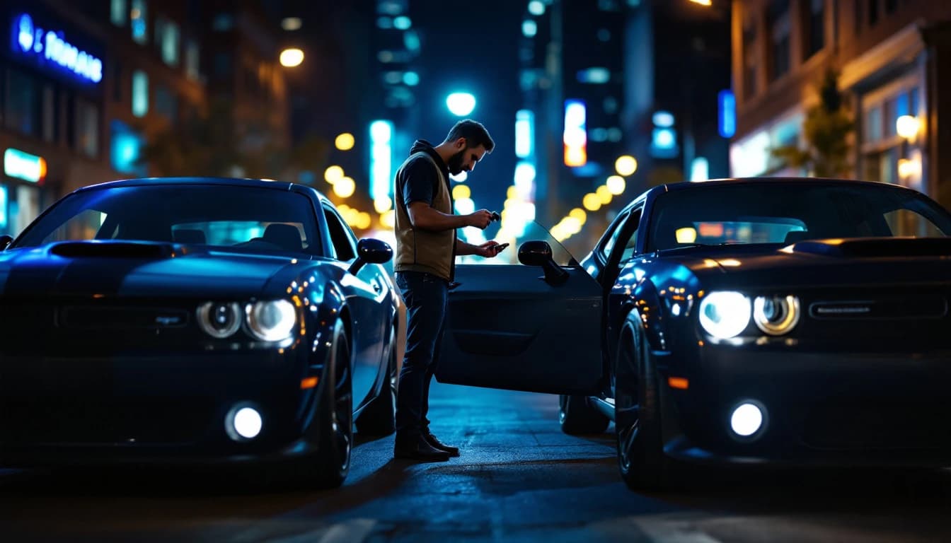 Cerrajero automotriz programando el fob de proximidad de un Dodge Charger en Fort Worth, Texas