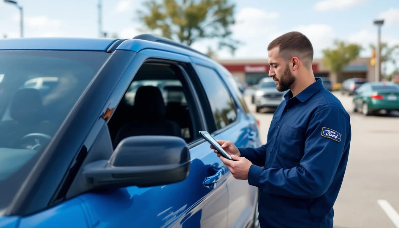 Cerrajero automotriz diagnosticando el mensaje de llave no detectada en una Ford Explorer en Fort Worth, Texas