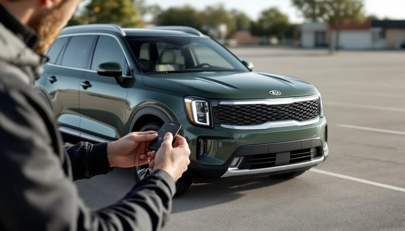 Cerrajero automotriz programando el fob de una Kia Telluride en un estacionamiento familiar de Irving cerca de Fort Worth, Texas