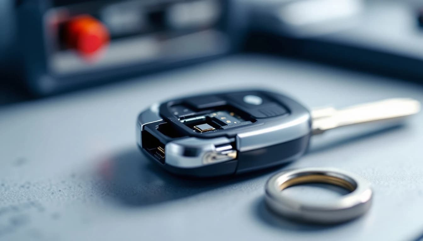 Tecnico cerrajero cortando y programando una llave con chip para un Toyota Avalon en un estacionamiento del centro de Fort Worth, Texas
