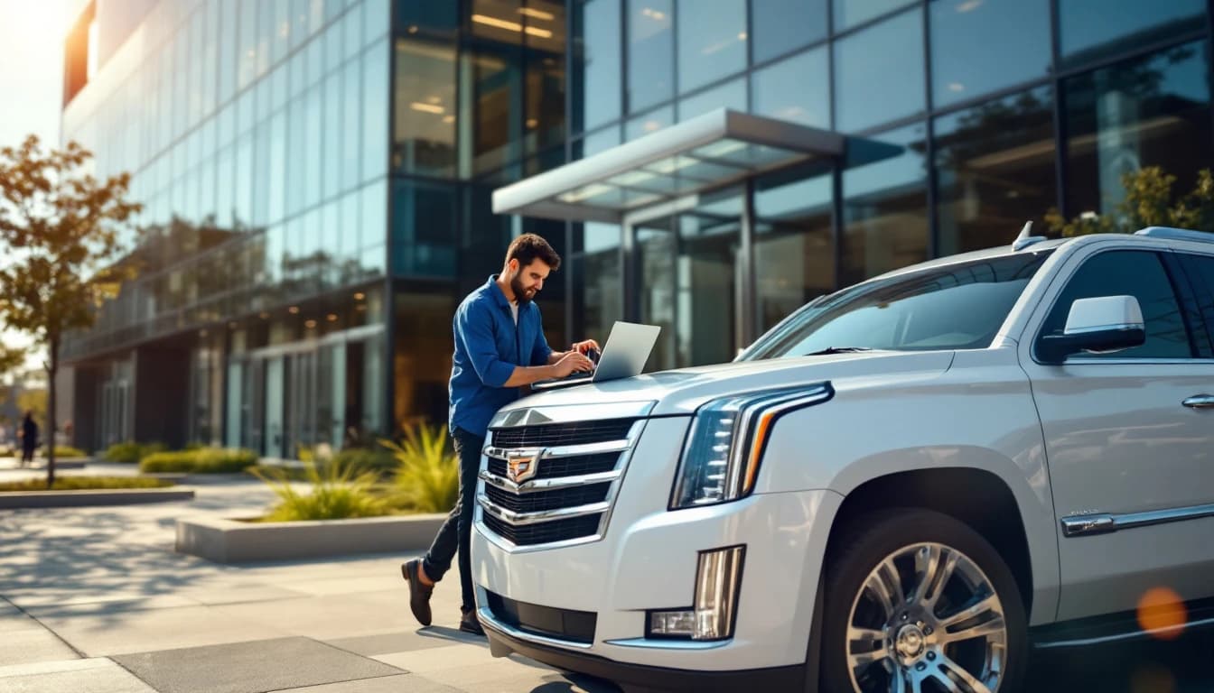 Cerrajero programando la llave inteligente de una Cadillac Escalade blanca en un estacionamiento de Fort Worth, Texas