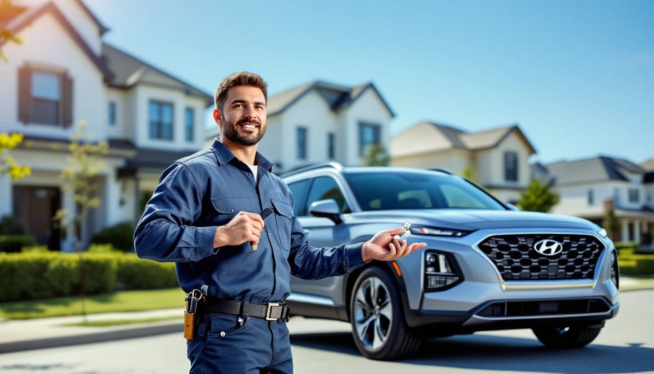 Cerrajero automotriz programando la llave inteligente de una Hyundai Palisade en North Richland Hills, Fort Worth, Texas