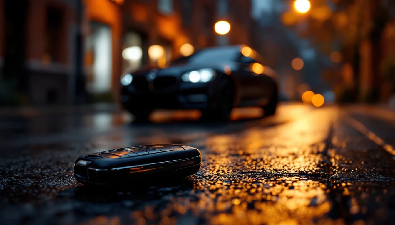 Tecnico cerrajero programando una llave inteligente nueva para un Lincoln Continental estacionado de noche cerca del Cultural District de Fort Worth