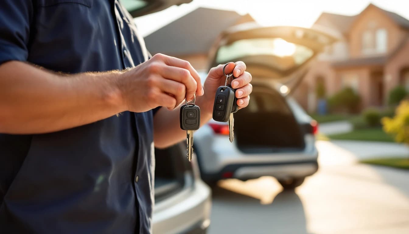 Tecnico cerrajero programando una llave de repuesto para una Ford Edge estacionada en una cochera del suroeste de Fort Worth, Texas