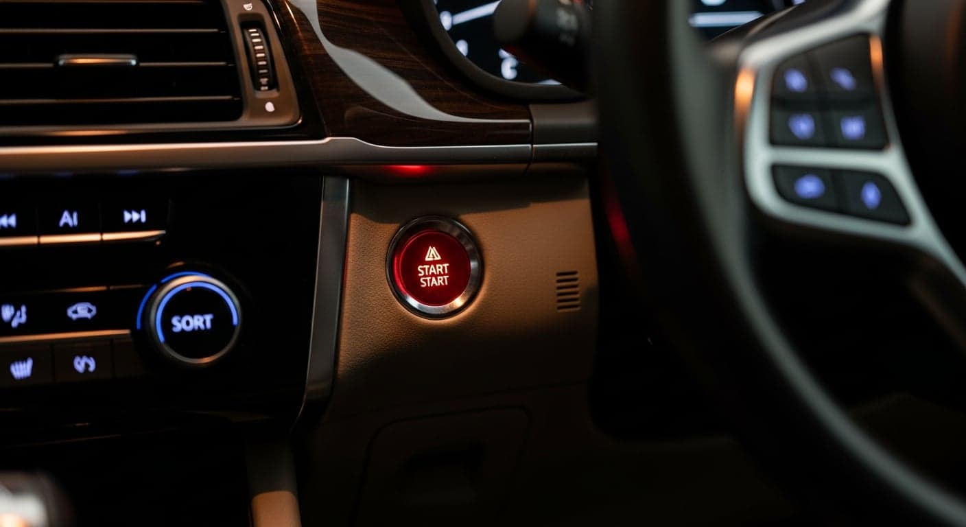 Botón push-button start en vehículo moderno mostrando indicador de error