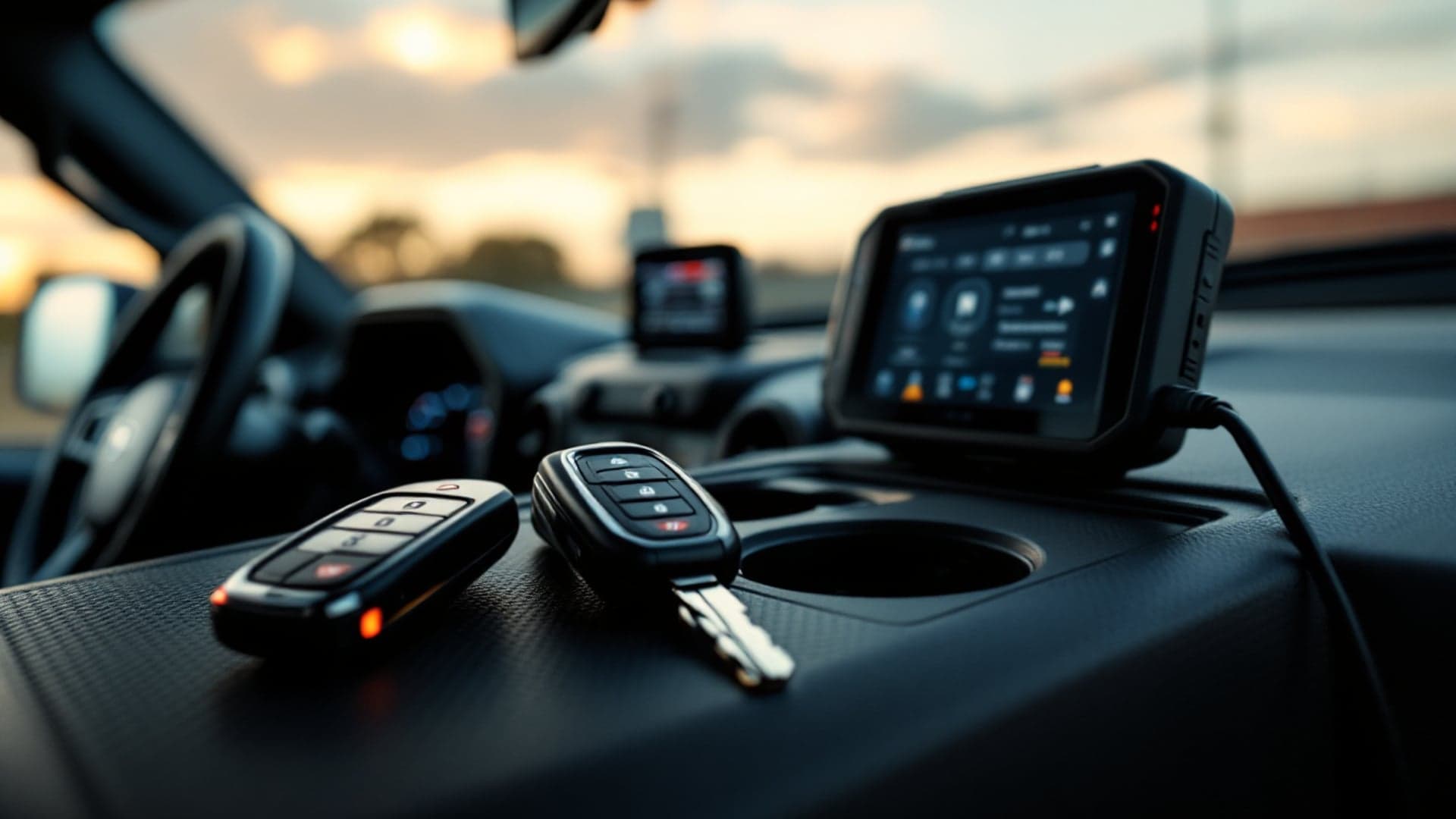 Llaves de control remoto para una camioneta pickup estadounidense sobre el tablero, durante un servicio de programación por un cerrajero automotriz en Fort Worth, Texas
