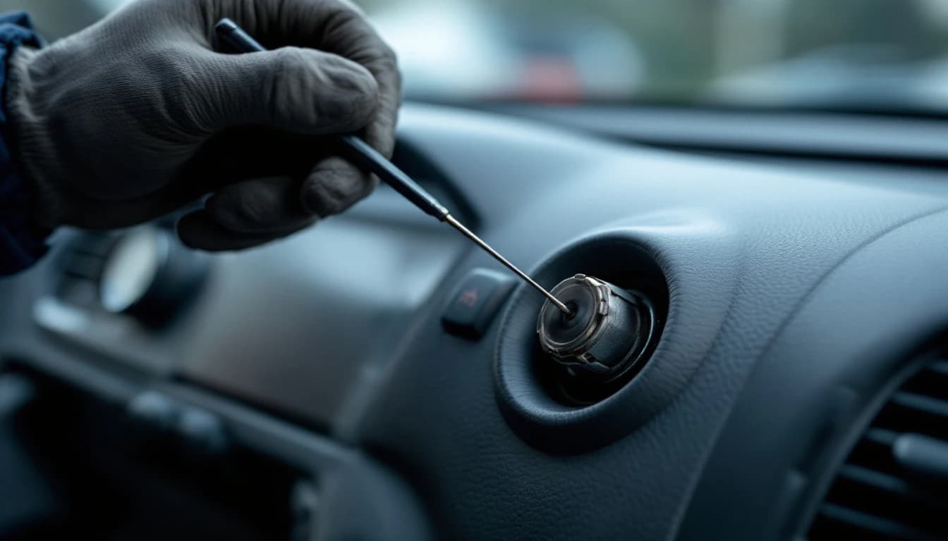 Tecnico cerrajero revisando el cilindro de encendido de un Ford Fusion en un estacionamiento del centro de Fort Worth, Texas