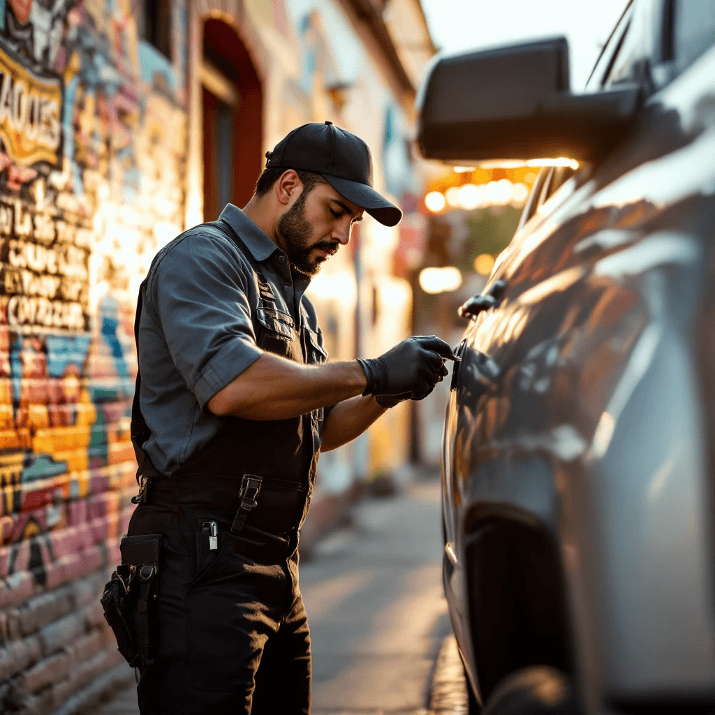 Técnico cerrajero experto hispano trabajando con habilidad en Fort Worth, Texas