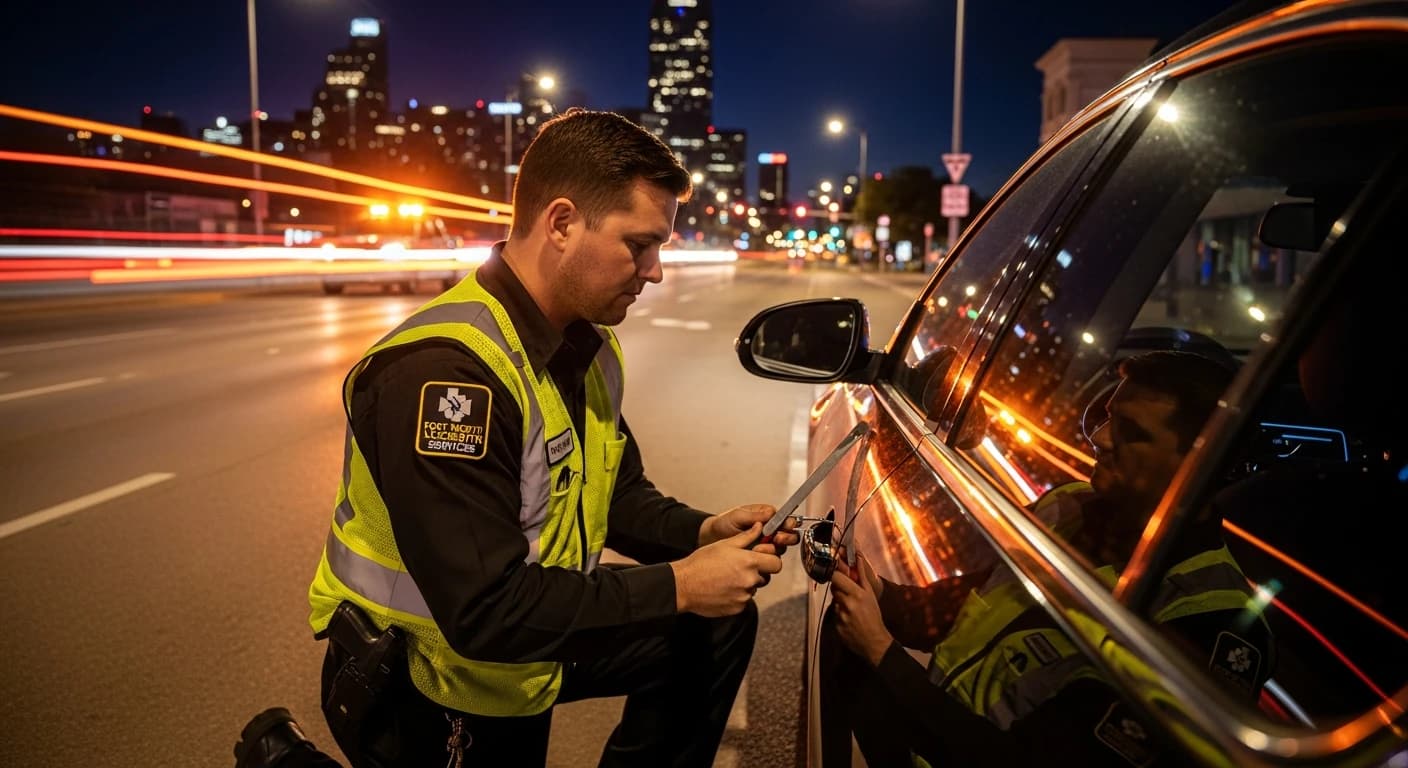 Cerrajero profesional abriendo la puerta de un auto cerrado en Fort Worth, Texas, durante la noche