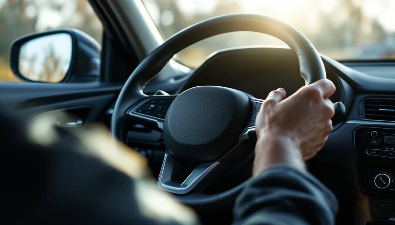 Volante y columna de dirección de un sedán vistos desde el asiento del conductor durante un diagnóstico en Fort Worth
