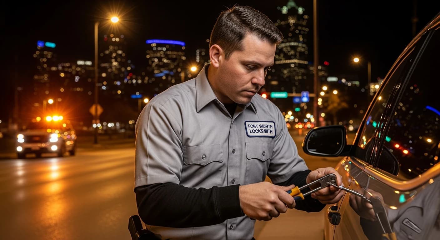 Cerrajero 24 horas en Fort Worth trabajando en la puerta de un auto de noche