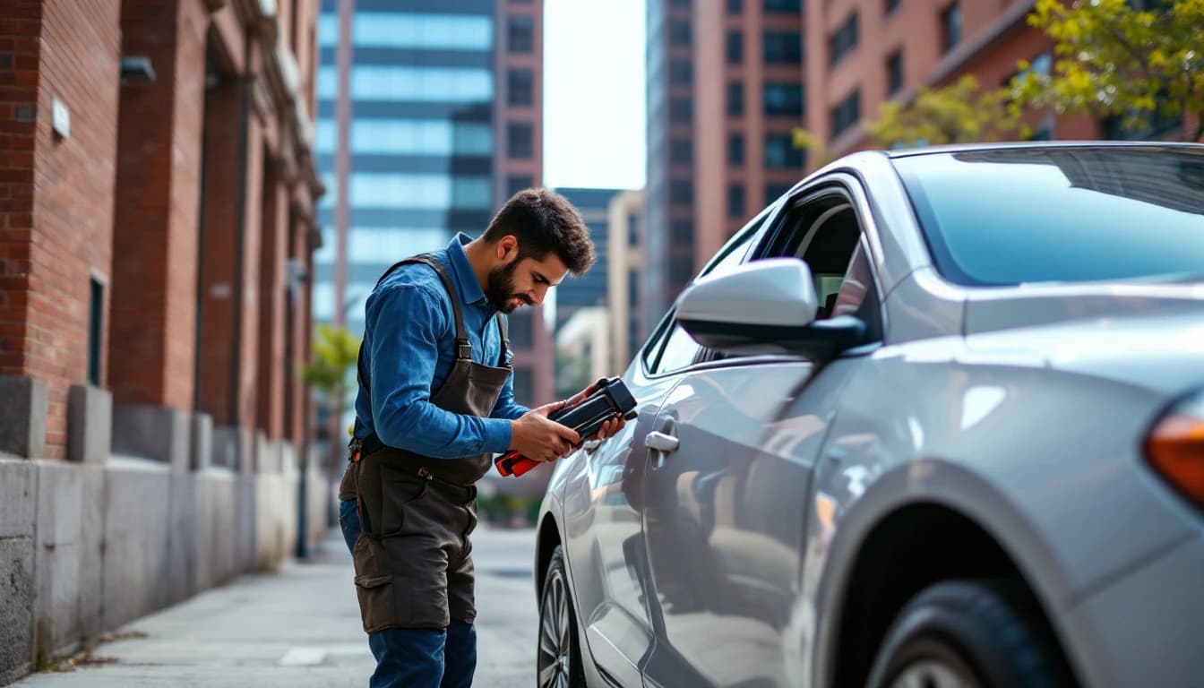 Cerrajero automotriz abriendo un carro cerrado en un garaje de estacionamiento del downtown de Fort Worth