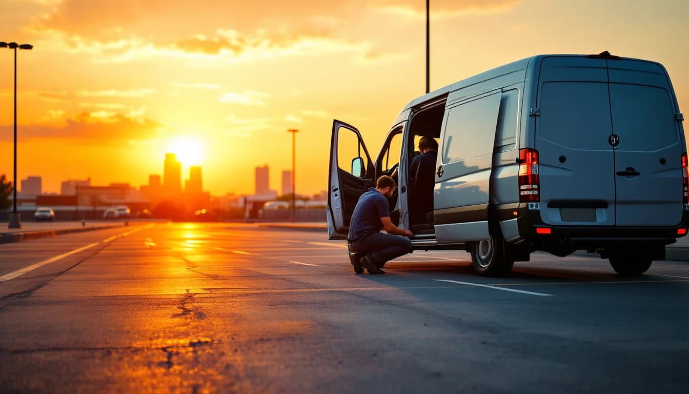 Unidad móvil de cerrajería automotriz atendiendo un carro en un estacionamiento de Fort Worth, Texas, al atardecer