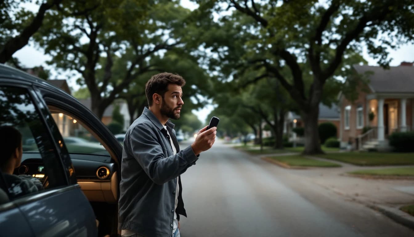 Conductor sosteniendo un control remoto junto a la puerta abierta de un sedán estacionado en una calle residencial de Fort Worth, Texas, con el tablero encendido