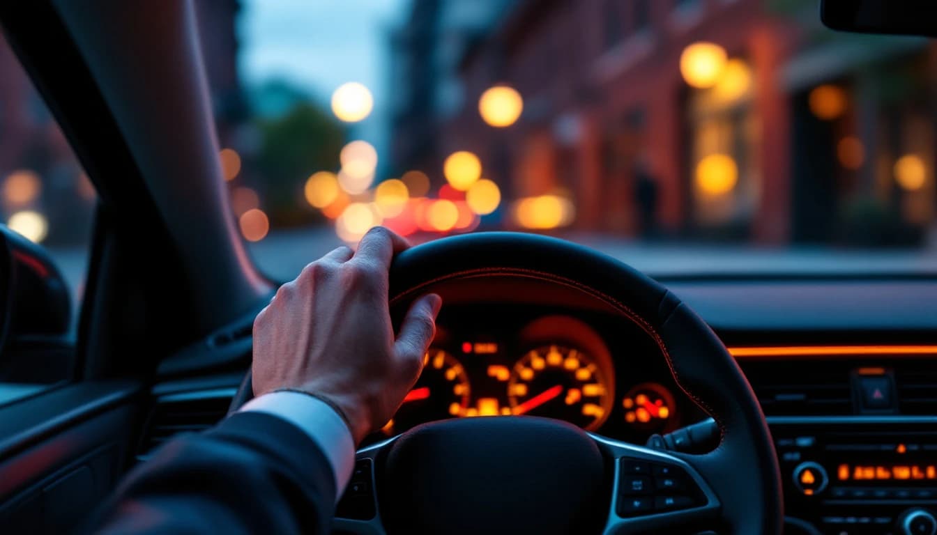 Volante de un vehículo trabado con el tablero encendido dentro de un carro estacionado en una calle de ladrillo del centro de Fort Worth, Texas, al anochecer
