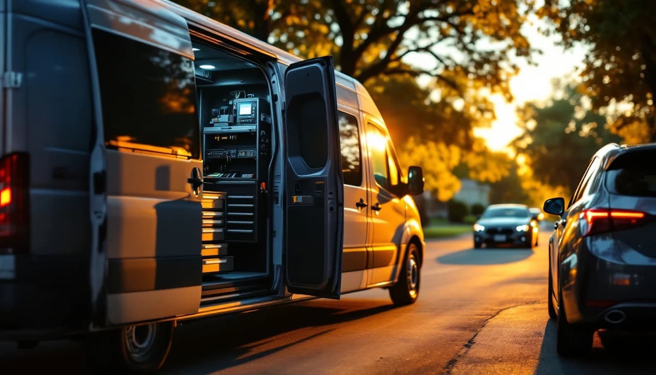 Cerrajero automotriz móvil programando una llave con chip dentro de una camioneta estacionada en una calle de Fort Worth al atardecer