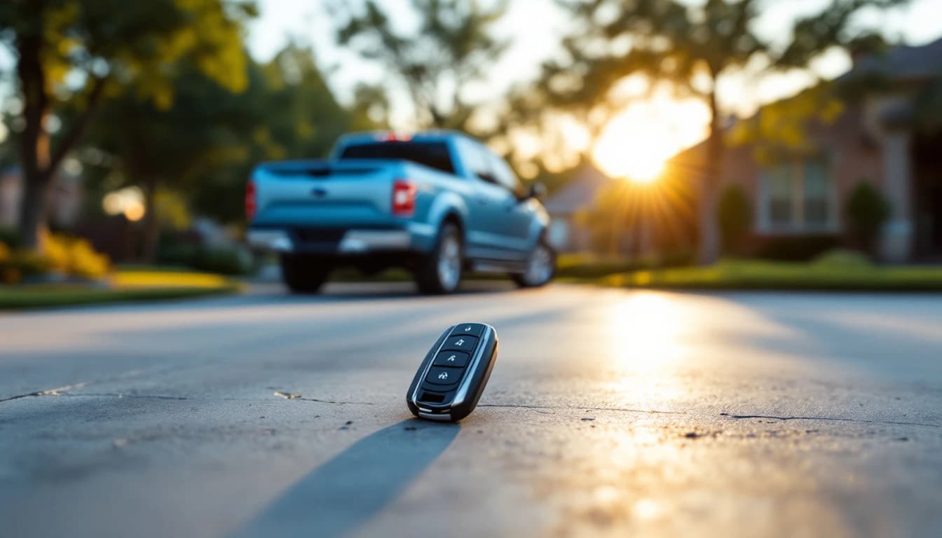 Llave inteligente y llave con chip de una Ford F-150 sobre el tablero de una camioneta estacionada en Fort Worth