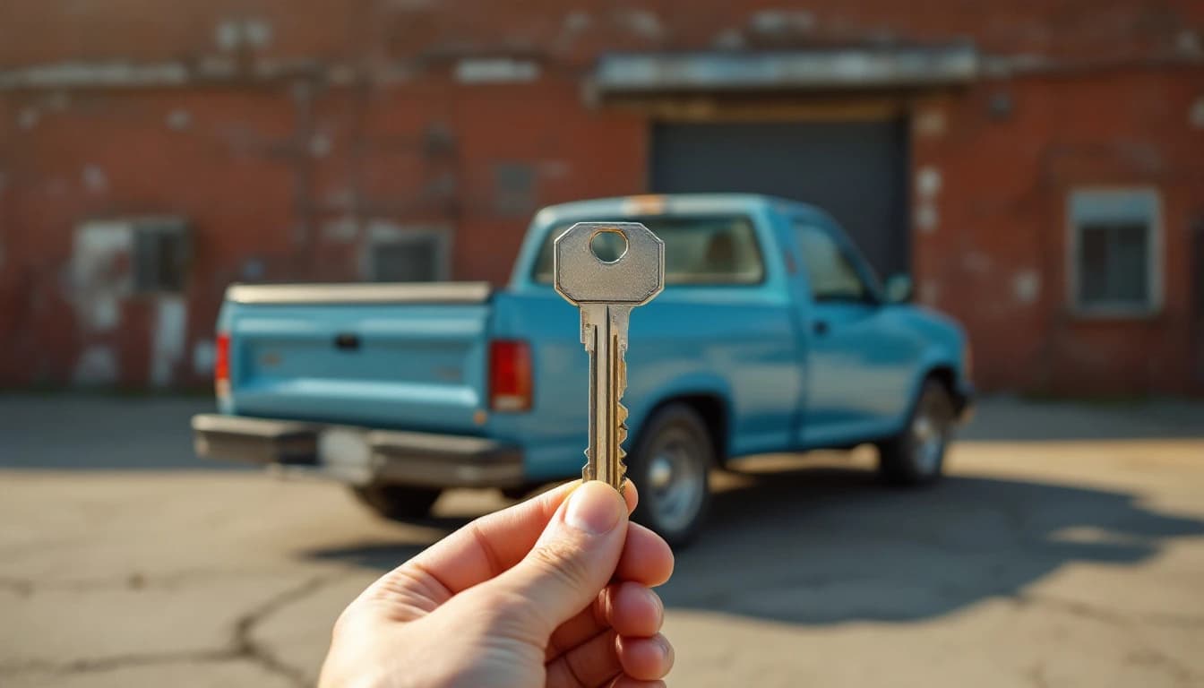 Camioneta de trabajo de finales de los noventa estacionada junto a una bodega de ladrillo en Fort Worth mientras se revisa una llave de metal