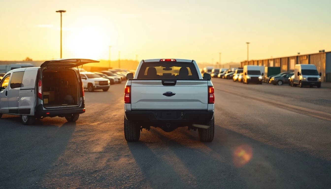 Camioneta pickup estacionada en un lote de vehículos al amanecer en Fort Worth durante un servicio de cerrajería móvil