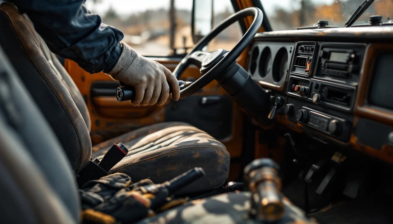 Columna de dirección y switch de encendido de una camioneta de trabajo durante una reparación en sitio en Fort Worth