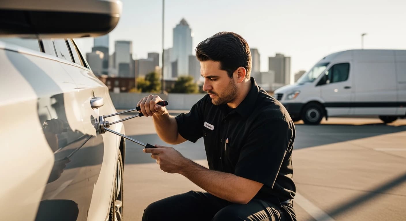 Cerrajero automotriz profesional abriendo un sedán moderno al aire libre en Fort Worth