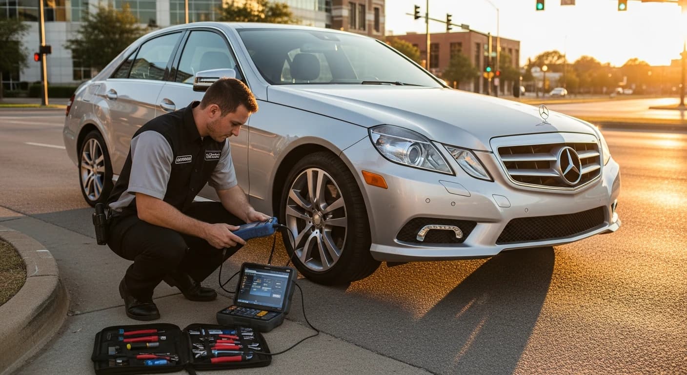 Especialista en cerrajería Mercedes programando la cerradura de un Mercedes-Benz plateado en Fort Worth