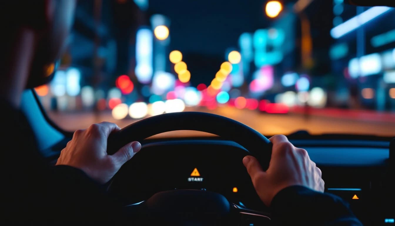 Interior de un sedán moderno de noche con el volante y el botón de arranque iluminados en ámbar por un aviso del tablero, las manos del conductor en un volante que no gira y luces de neón del centro reflejadas en el parabrisas