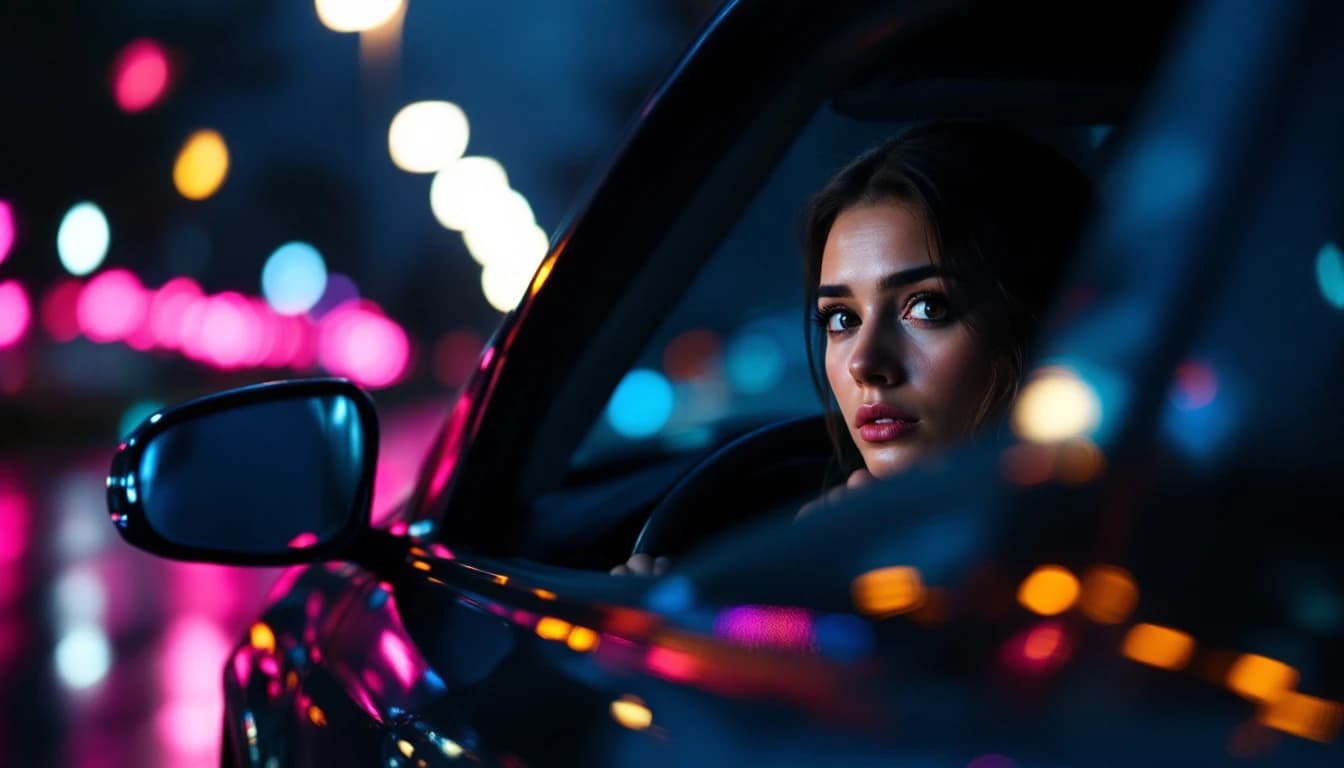 Conductora preocupada dentro de una camioneta oscura de noche, con las manos en el volante trabado y luces de neón desenfocadas reflejadas en el pavimento mojado