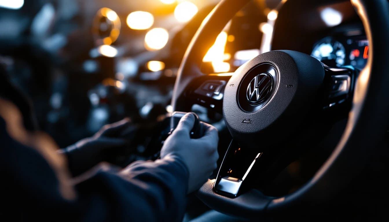 Cerrajero diagnosticando el módulo de bloqueo de dirección electrónico ESL en la columna de un Volkswagen en Fort Worth