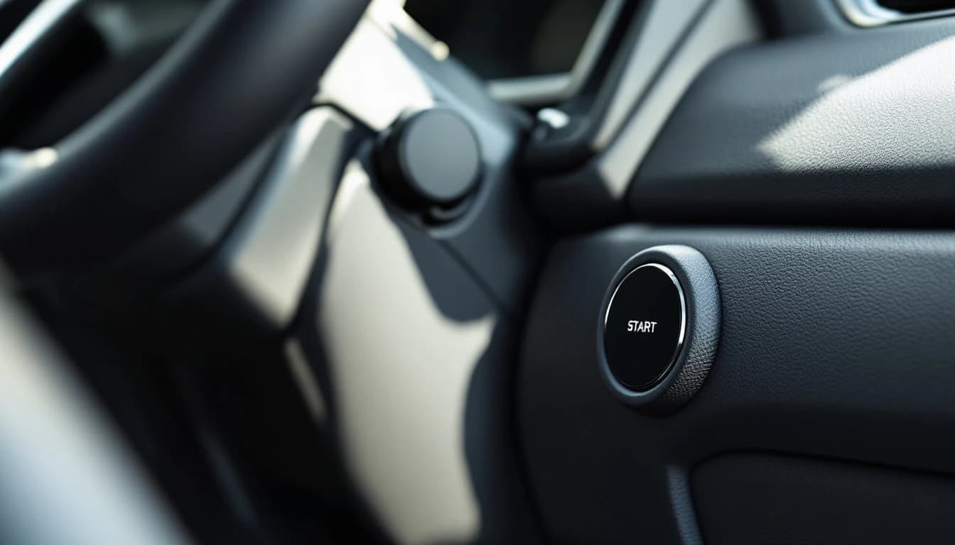 Columna de dirección y botón de arranque de una camioneta compacta Hyundai o Kia con el volante trabado durante un diagnóstico en Fort Worth