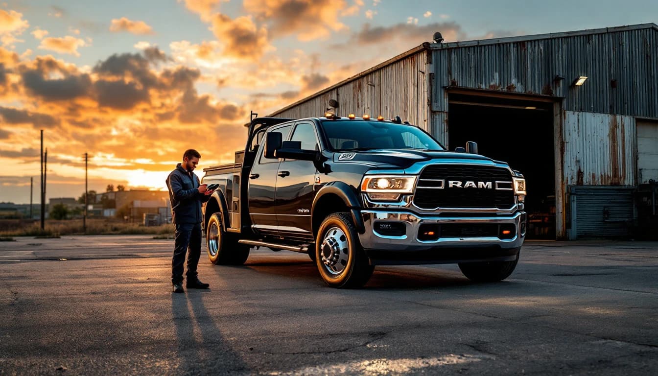 Cerrajero automotriz programando el fob de una RAM 3500 diésel de trabajo en Fort Worth, Texas