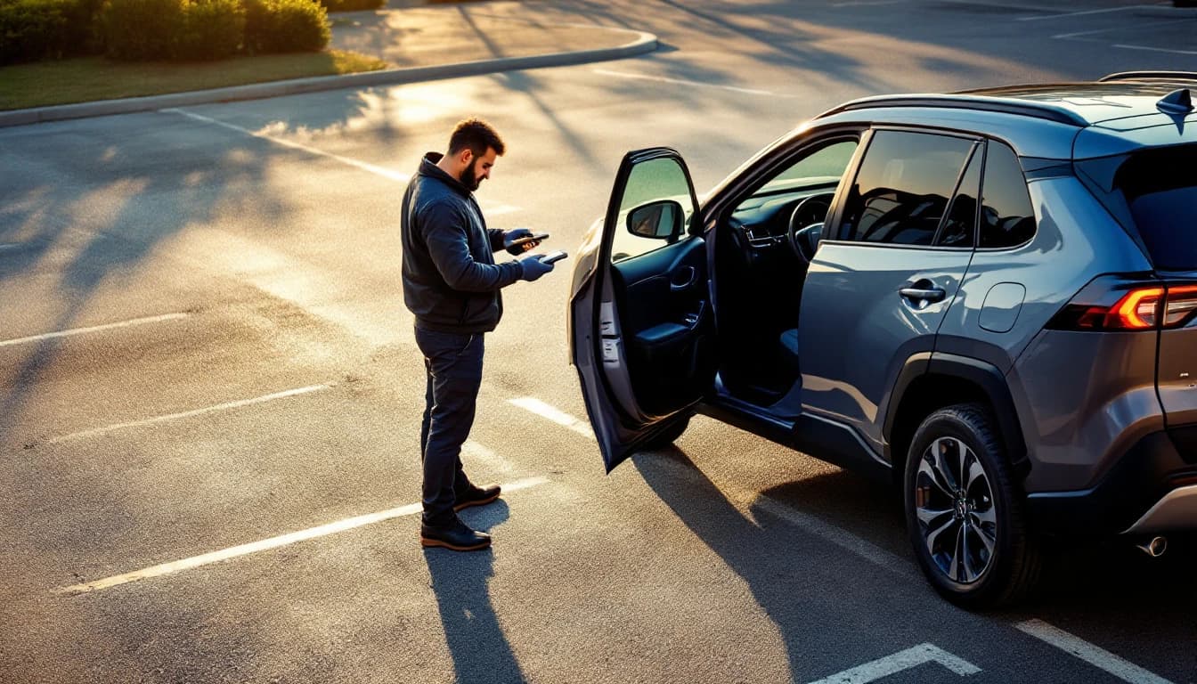 Cerrajero automotriz diagnosticando el fob de una Toyota RAV4 en Fort Worth, Texas