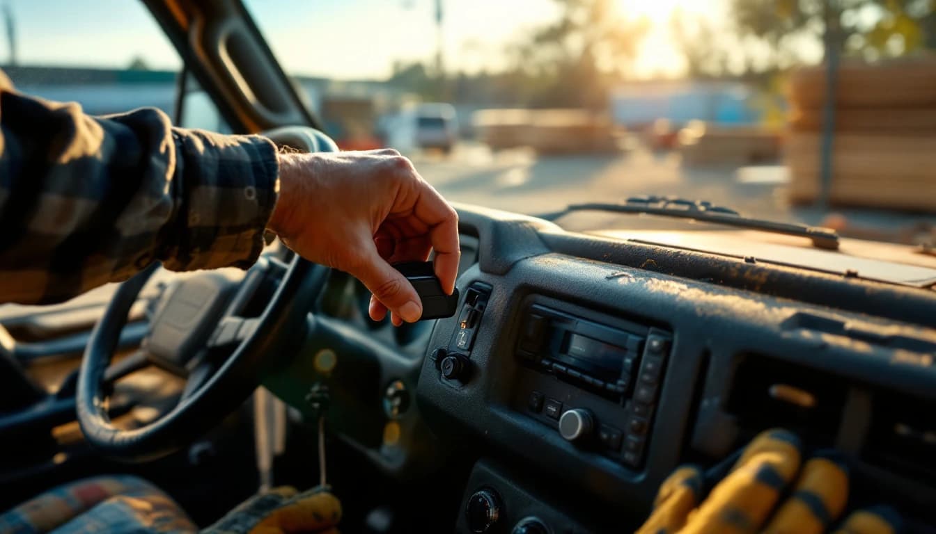 Interior de una troca de trabajo con una llave de plástico negra sin hoja metálica insertada en el tablero junto al volante, iluminado por la luz de la tarde en un patio de grava