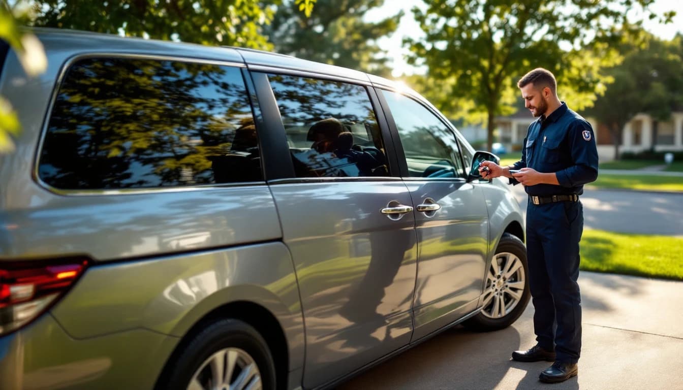 Cerrajero automotriz programando la llave inteligente de una Honda Odyssey en un estacionamiento familiar de Fort Worth, Texas