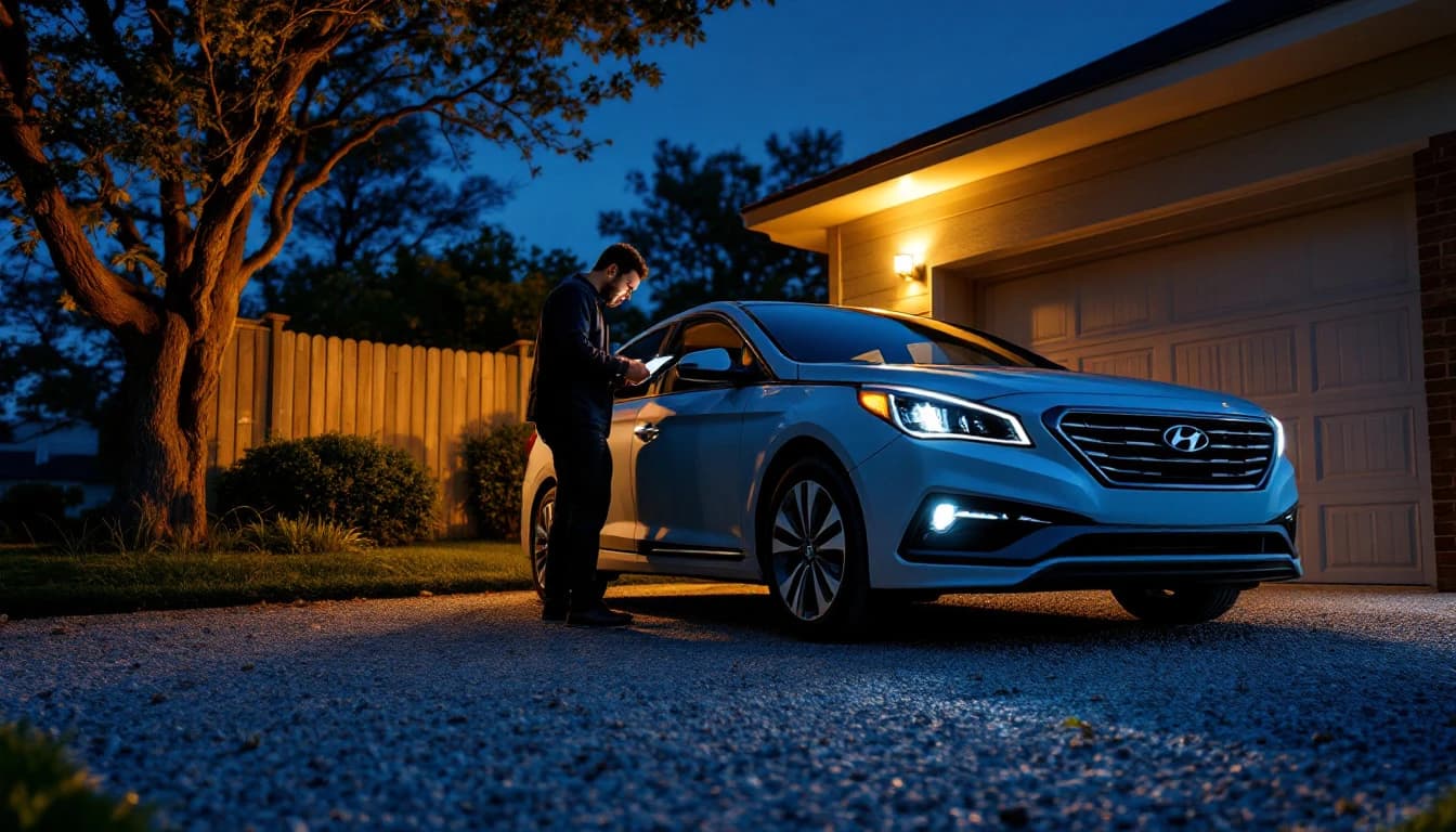 Cerrajero automotriz revisando el sistema anti-robo y la llave de un Hyundai Sonata en Fort Worth, Texas