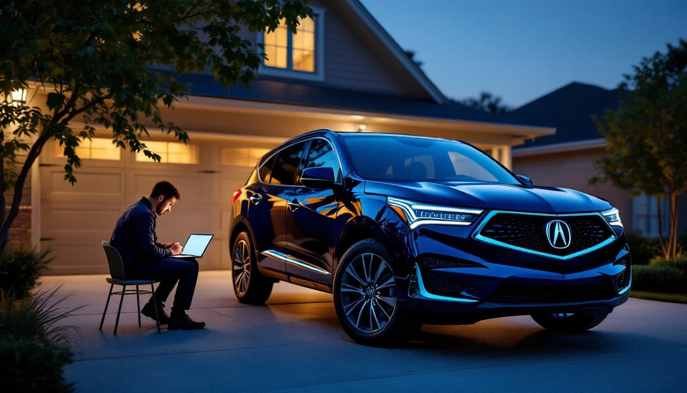 Técnico programando la llave inteligente de una Acura MDX azul en una cochera de Fort Worth, Texas