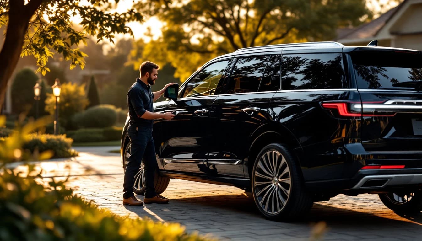 Técnico cerrajero programando la llave inteligente de una Lincoln Navigator negra en una cochera de Fort Worth, Texas