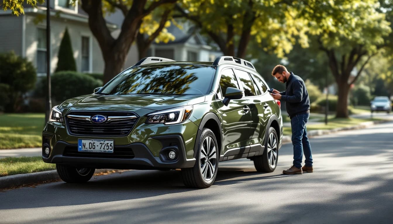 Cerrajero programando la llave inteligente de un Subaru Outback verde en un vecindario de Fort Worth, Texas