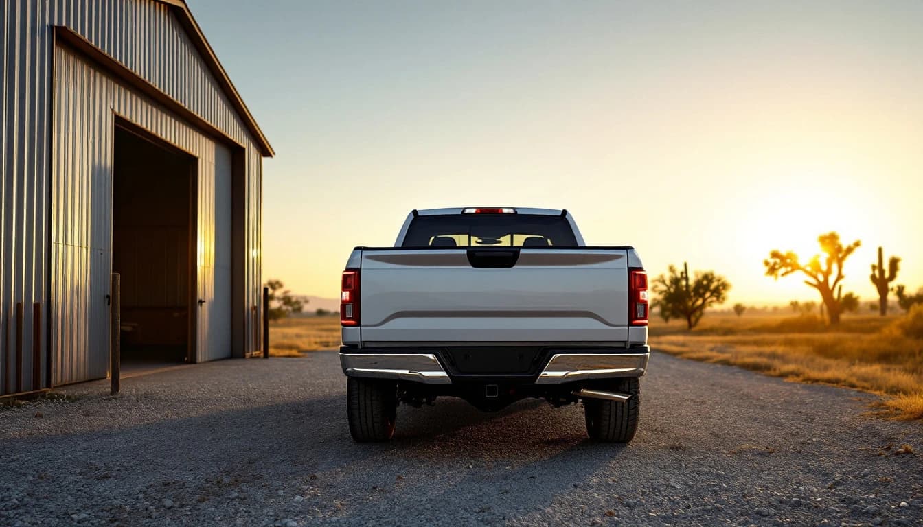 Troca nueva de tamaño completo con faros LED estacionada sobre grava frente a un taller de lámina en el campo al norte de Texas al amanecer, con un fob de llave inteligente negro sobre el cofre