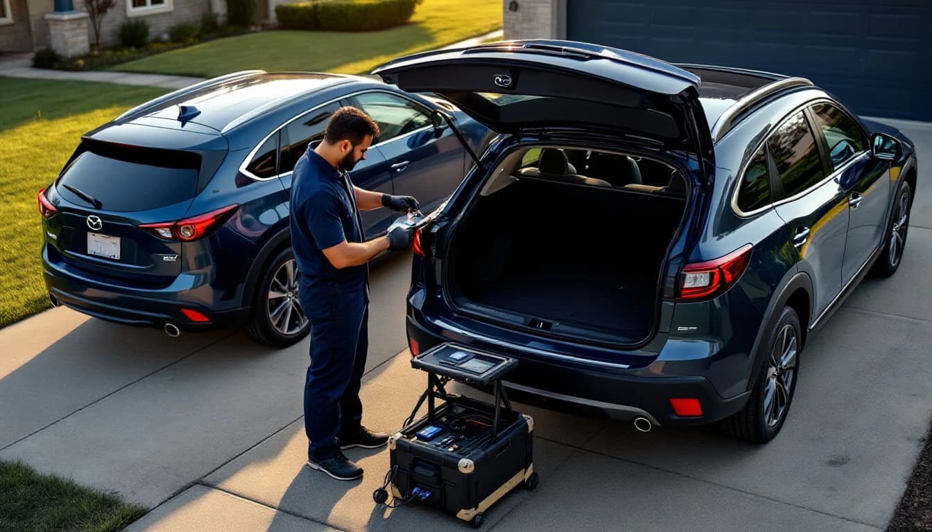 Cerrajero automotriz programando el fob de proximidad de un Subaru Outback en Fort Worth, Texas
