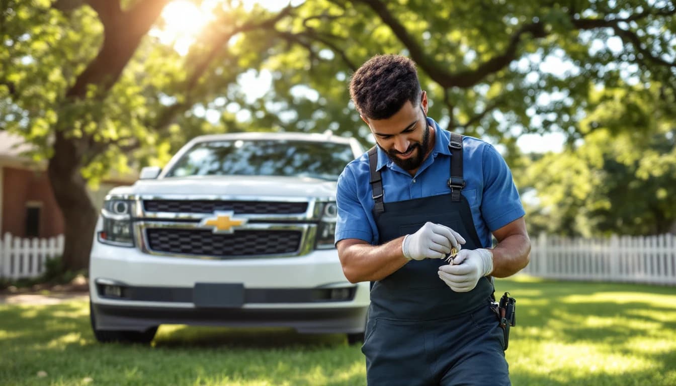 Cerrajero automotriz generando una llave nueva para una Chevrolet Suburban tras perder todas las llaves en Fort Worth, Texas