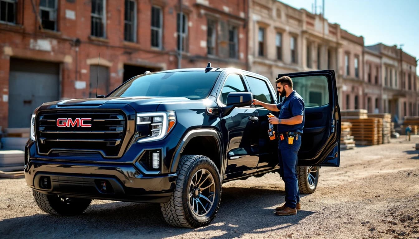 Cerrajero automotriz programando el fob de una troca GMC Sierra 2500 de trabajo en Fort Worth, Texas