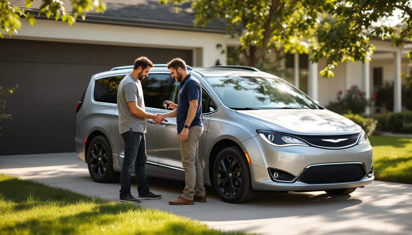 Cerrajero entregando una llave de repuesto recién cortada para una Chrysler Pacifica plateada en una cochera de Fort Worth