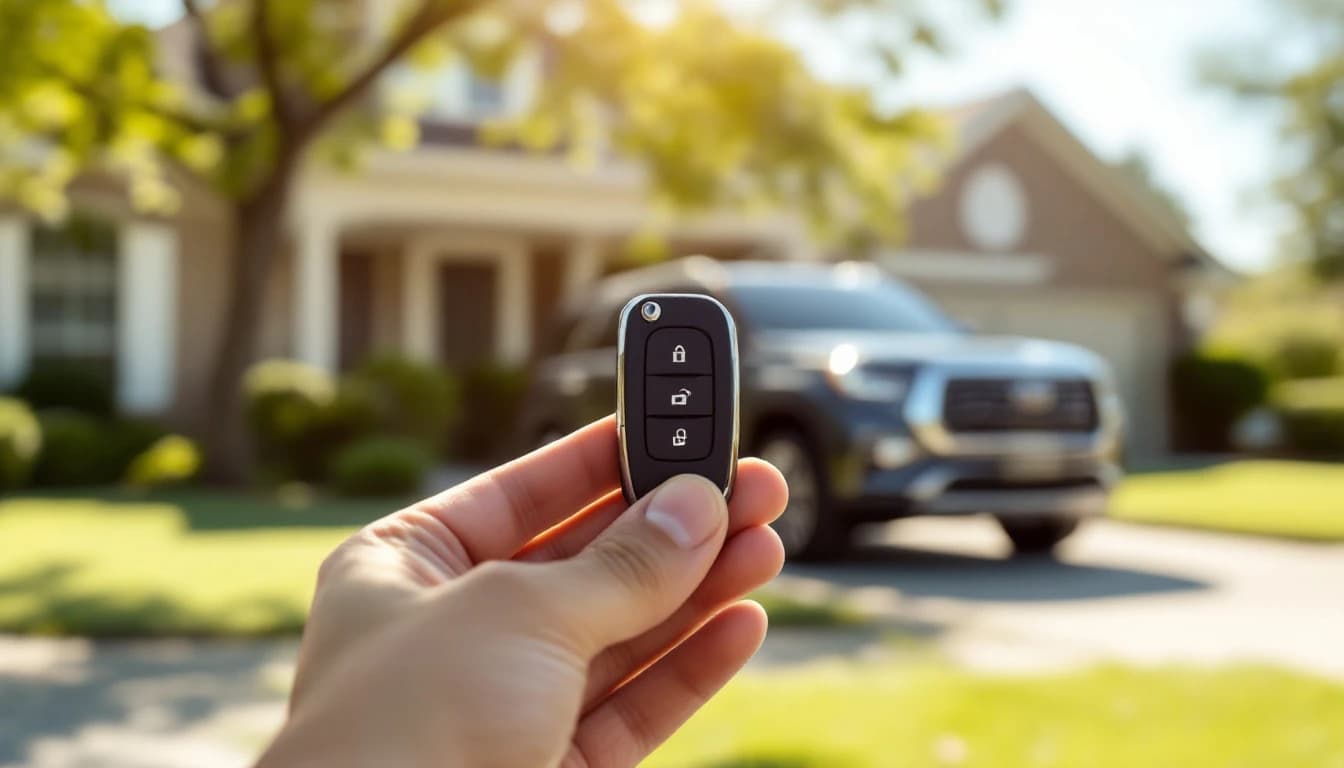 Llave inteligente de proximidad de una Ford Expedition moderna sobre la consola del vehículo en Fort Worth