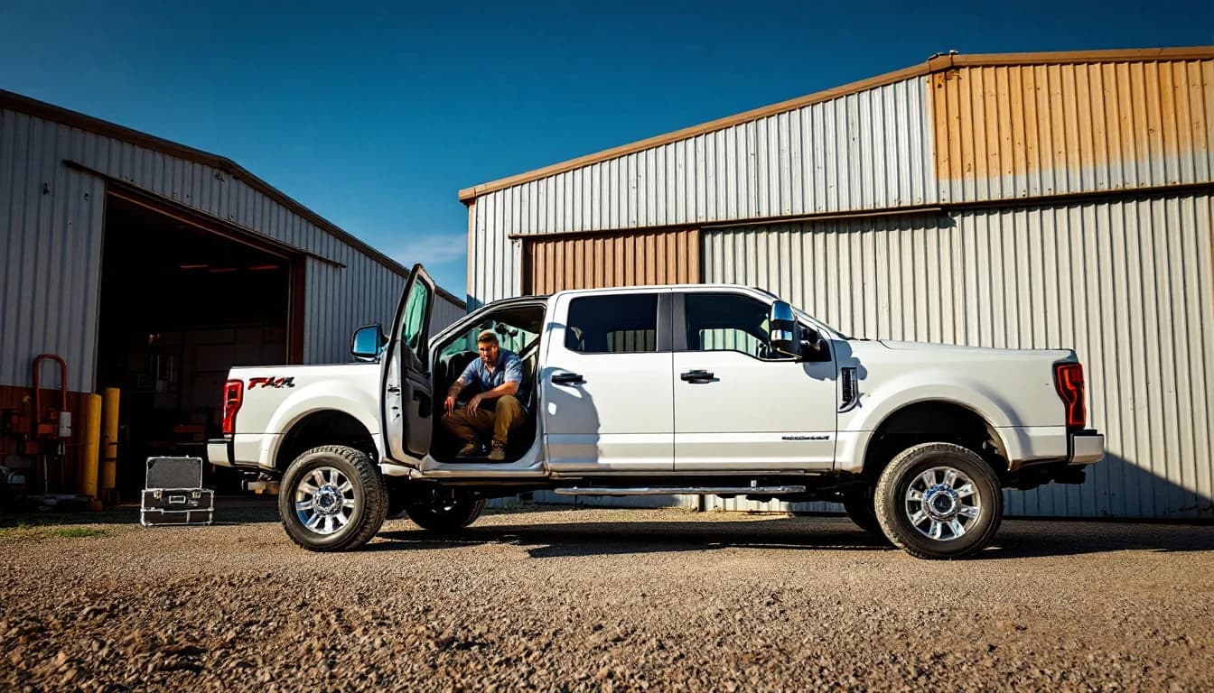 Camioneta Ford Super Duty F-250 estacionada en el patio de gravilla de un taller del norte de Fort Worth, Texas, mientras un técnico móvil programa una llave de repuesto