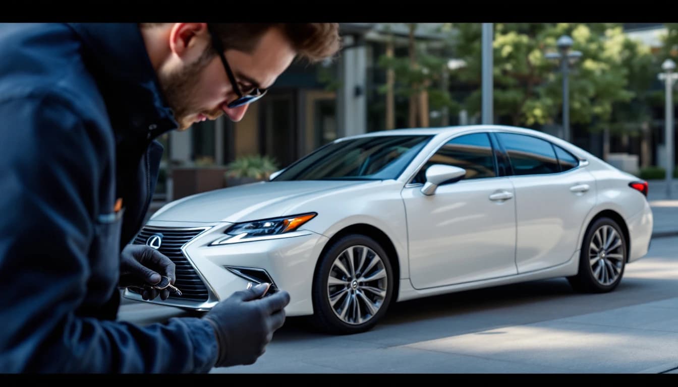 Cerrajero cortando y programando una llave inteligente de repuesto para un Lexus ES blanco en Fort Worth, Texas